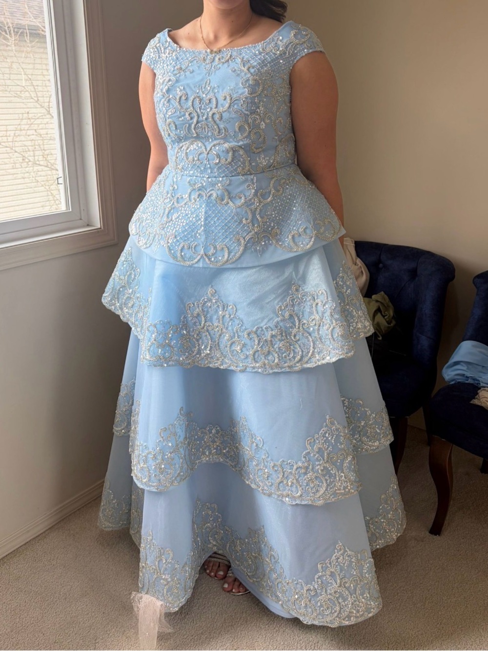 Blue Embroidered Tiered Women’s Dress